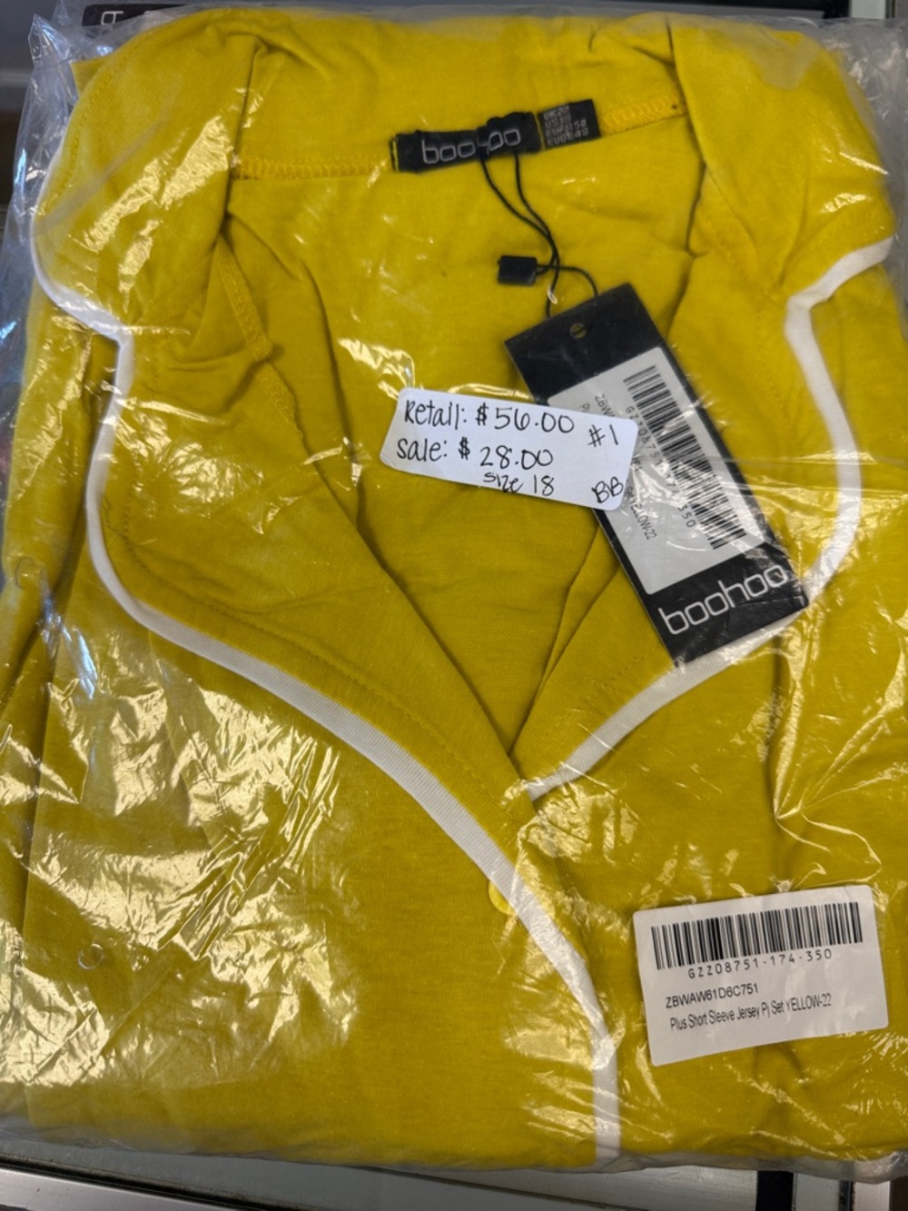 Boohoo Plus Yellow Pajama Set (button top and shorts) with White Piping